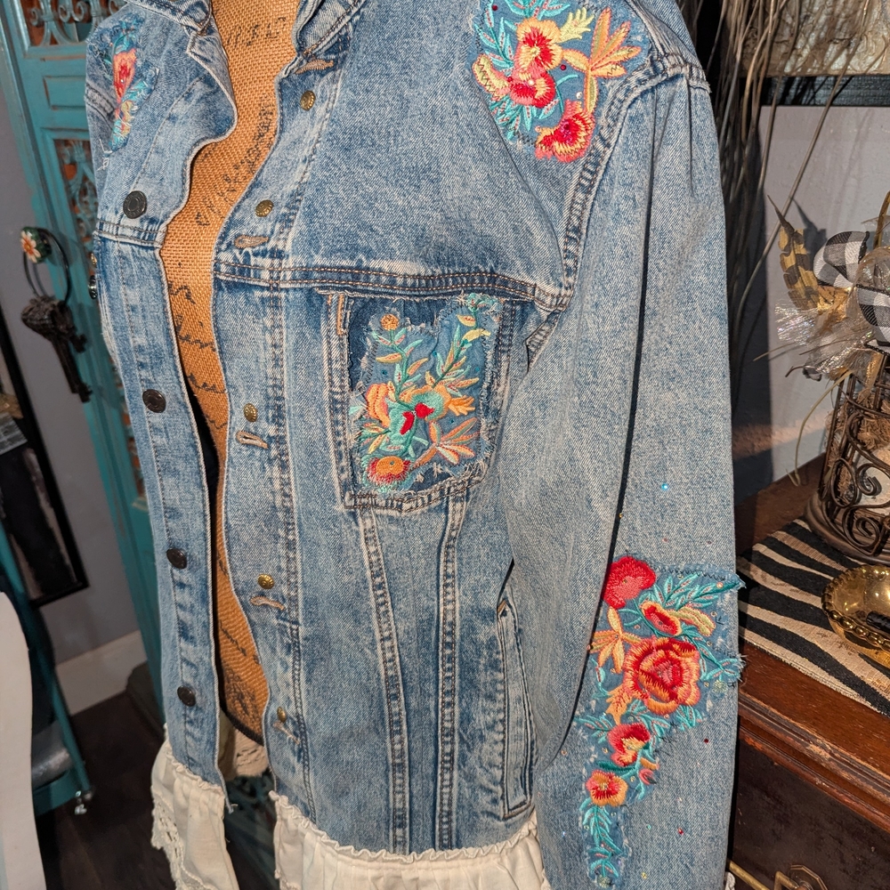 Embroidered Denim Jacket with Ruffle Hem - Picture 14 of 15